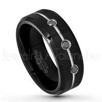 0.21ctw Black Diamond 3-Stone Ring, Brushed Black IP Comfort Fit Grooved Tungsten Carbide Wedding Band, Tungsten Anniversary Ring TN632-3BD