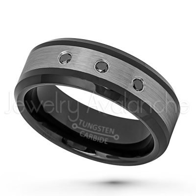 0.21ctw Black Diamond 3-Stone Ring, Brushed Black IP Comfort Fit Beveled Edge Tungsten Carbide Wedding Band, 2-Tone Anniversary Ring TN633-3BD