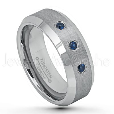 0.21ctw Blue Sapphire 3-Stone Ring, Brushed Finish Comfort Fit Beveled Tungsten Carbide Wedding Band, Mens Tungsten Anniversary Ring TN635-3SP