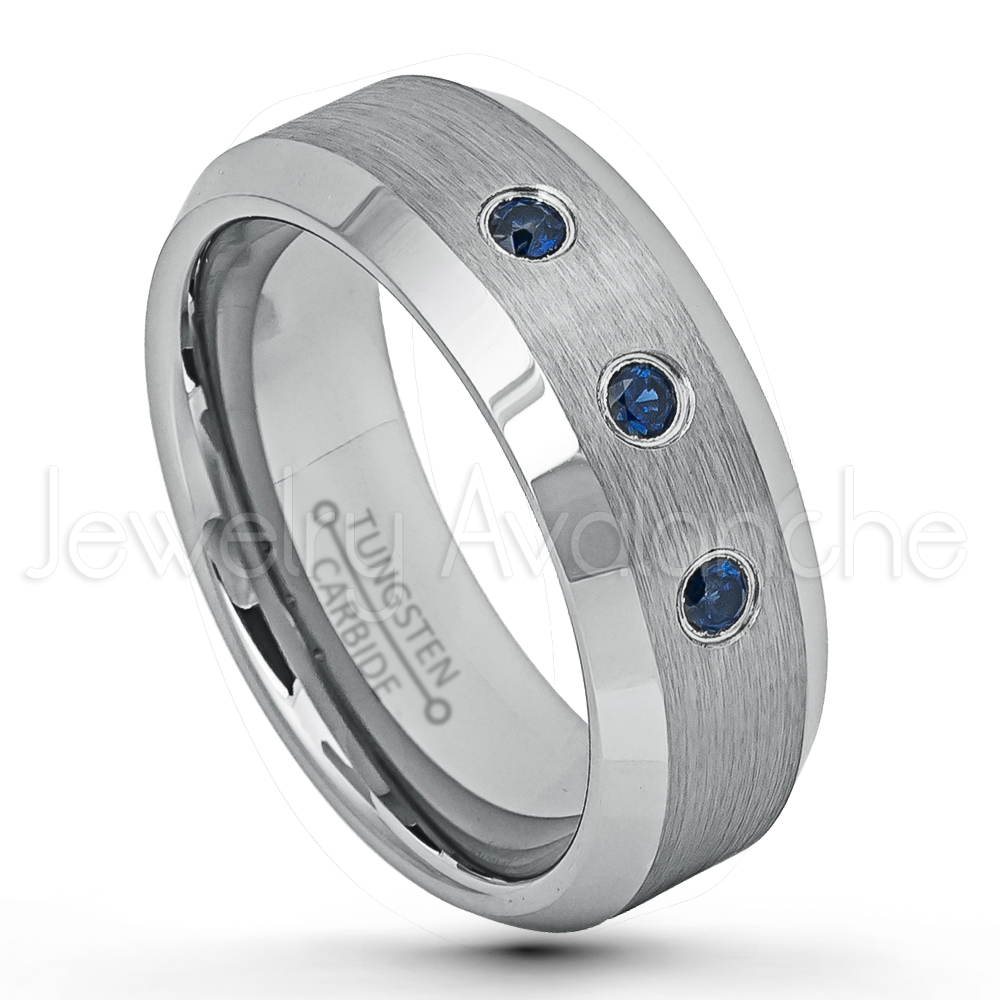 September Birthstone Ring 8MM Brushed Finish Comfort Fit Beveled Edge White Wedding Band 0.21ctw Blue Sapphire 3-Stone Titanium Ring