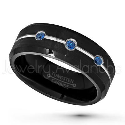 0.21ctw Blue Sapphire 3-Stone Ring, Brushed Black IP Comfort Fit Grooved Tungsten Carbide Wedding Band, Tungsten Anniversary Ring TN636-3SP