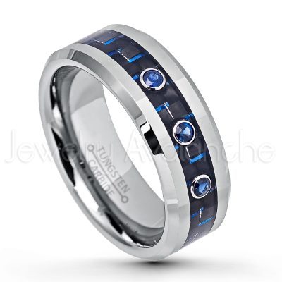 0.21ctw Blue Sapphire 3-Stone Ring, Polished Comfort Fit Tungsten Carbide Wedding Band w/ Carbon Fiber Inlay, Men's Anniversary Ring TN637-3SP