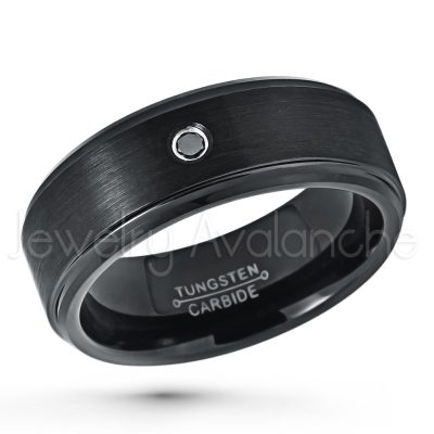0.07ct Black Diamond Solitaire Ring, 8mm Brushed Black IP Comfort Fit Tungsten Carbide Wedding Band, Men's Tungsten Anniversary Ring TN658-1BD