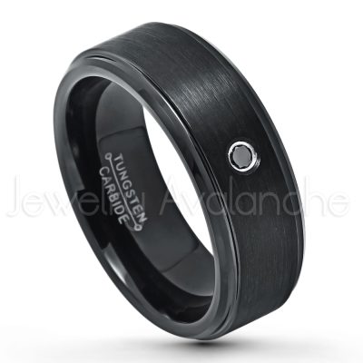 0.07ct Black Diamond Solitaire Ring, 8mm Brushed Black IP Comfort Fit Tungsten Carbide Wedding Band, Men's Tungsten Anniversary Ring TN658-1BD