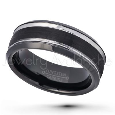 2-Tone Tungsten Wedding Band - 8mm Brushed Black IP Semi-Dome Comfort Fit Beveled Edge Tungsten Carbide Ring TN672PL
