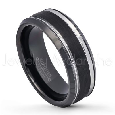2-Tone Tungsten Wedding Band - 8mm Brushed Black IP Semi-Dome Comfort Fit Beveled Edge Tungsten Carbide Ring TN672PL