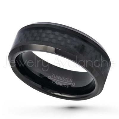 Black IP Tungsten Wedding Band - 8mm Carbon Fiber Inlay Comfort Fit Tungsten Carbide Ring TN673PL