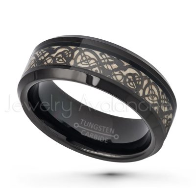 Black IP Tungsten Wedding Band - 8mm Celtic Dragon Inlay Comfort Fit Tungsten Carbide Ring TN674PL