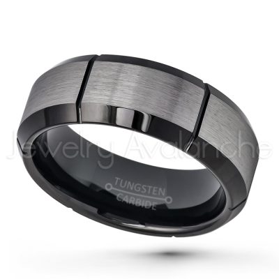 2-Tone Tungsten Wedding Band - 8mm Brushed Black IP Comfort Fit Grooved Tungsten Carbide Ring TN675PL