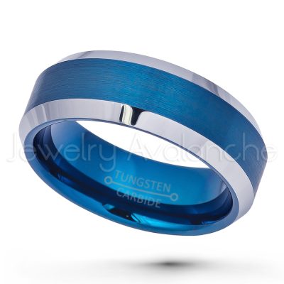 2-Tone Blue IP Tungsten Wedding Band - 8mm Brushed Finish Comfort Fit Beveled Tungsten Carbide Anniversary Ring TN692PL