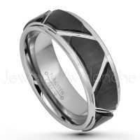 2-Tone Pipe Cut Tungsten Wedding Band - 8mm Brushed Black IP Comfort Fit Grooved Tungsten Carbide Ring, Tungsten Anniversary Band TN700PL