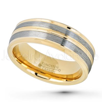 2-Tone Tungsten Wedding Band, 8mm Polsihed & Brushed Yellow Gold Plated Comfort Fit Tungsten Carbide Ring, Tungsten Anniversary Ring TN703PL