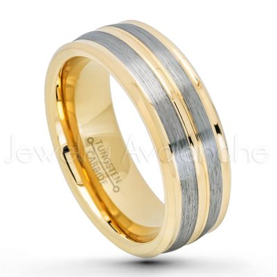 2-Tone Tungsten Wedding Band, 8mm Polsihed & Brushed Yellow Gold Plated Comfort Fit Tungsten Carbide Ring, Tungsten Anniversary Ring TN703PL