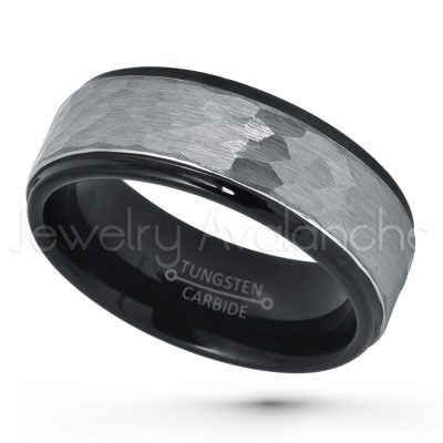 2-tone Hammered Finish Tungsten Wedding Band, 8mm Stepped Edge Black IP Comfort Fit Tungsten Carbide Ring, Tungsten Anniversary Ring TN708PL