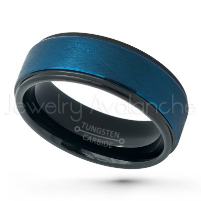 2-Tone Tungsten Wedding Band, 8mm Brushed Blue & Black IP Comfort Fit Tungsten Carbide Ring, Men's Tungsten Anniversary Band TN709PL