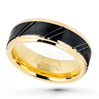 2-Tone Grooved Tungsten Wedding Band - 8mm Yellow & Black IP Comfort Fit Tungsten Carbide Ring, Tungsten Anniversary Band TN716PL