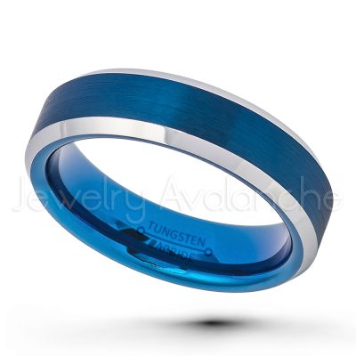 2-Tone Blue IP Tungsten Wedding Band, 6mm Brushed Finish Comfort Fit Beveled Tungsten Carbide Ring, Ladies Tungsten Anniversary Band TN726PL