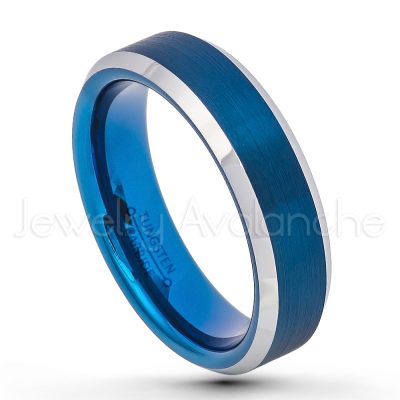 2-Tone Blue IP Tungsten Wedding Band, 6mm Brushed Finish Comfort Fit Beveled Tungsten Carbide Ring, Ladies Tungsten Anniversary Band TN726PL