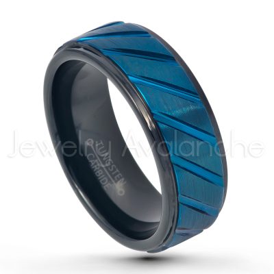 2-Tone Grooved Tungsten Wedding Band, 8mm Brushed Blue & Black IP Comfort Fit Tungsten Carbide Ring, Men's Tungsten Anniversary Band TN734PL