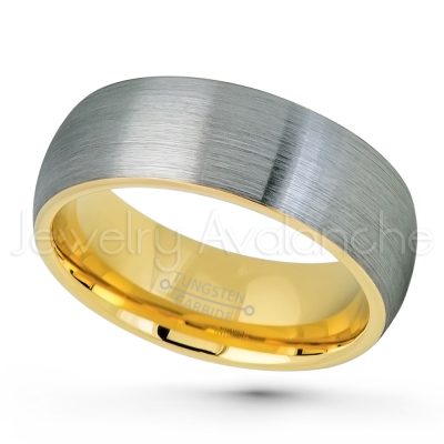 2-Tone Dome Tungsten Wedding Band - 8mm Brushed Finish Yellow Gold Plated Inner Comfort Fit Tungsten Carbide Ring, Anniversary Band TN738PL