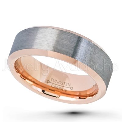 2-Tone Tungsten Wedding Band, 8mm Brushed Finish Rose Gold Plated Inner Comfort Fit Tungsten Carbide Ring, Tungsten Anniversary Band TN742PL