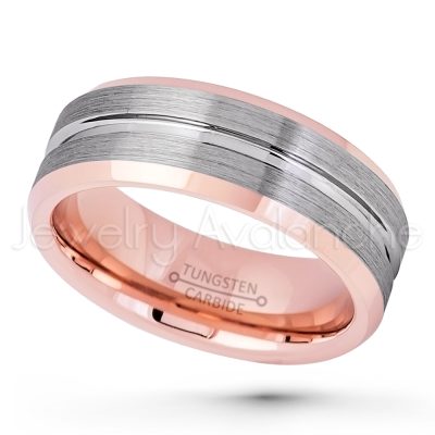 2-Tone Grooved Tungsten Wedding Band - 8mm Brushed Finish Rose Gold Plated Inner Comfort Fit Tungsten Carbide Ring, Anniversary Band TN743PL