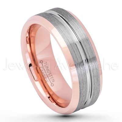 2-Tone Grooved Tungsten Wedding Band - 8mm Brushed Finish Rose Gold Plated Inner Comfort Fit Tungsten Carbide Ring, Anniversary Band TN743PL
