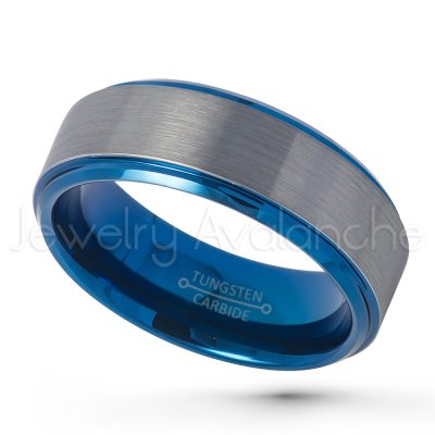 2-Tone Tungsten Wedding Band, 8mm Brushed Finish Blue Ion Plated Inner Comfort Fit Tungsten Carbide Ring, Tungsten Anniversary Band TN744PL