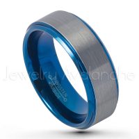2-Tone Tungsten Wedding Band, 8mm Brushed Finish Blue Ion Plated Inner Comfort Fit Tungsten Carbide Ring, Tungsten Anniversary Band TN744PL