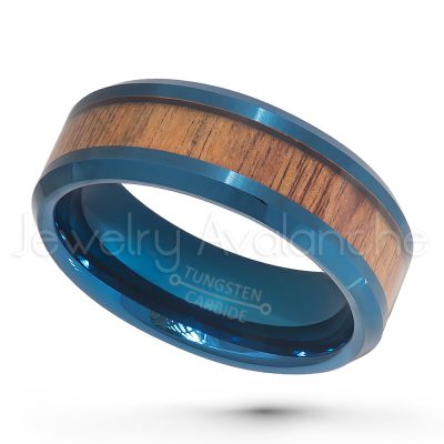Hawaiian Koa Wood Inlay Tungsten Wedding Band, 8mm Blue Ion Plated Beveled Edge Tungsten Carbide Ring, 2-tone Anniversary Ring TN752PL
