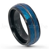 2-Tone Hammered Finish Tungsten Wedding Band - 8mm Blue & Black IP Comfort Fit Tungsten Carbide Ring, Tungsten Anniversary Band TN754PL