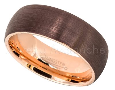 2-Tone Dome Tungsten Wedding Band - 8mm Brushed Finish Brown IP & Rose Gold Plated Inner Comfort Fit Tungsten Carbide Ring, Tungsten Anniversary Band TN599PL