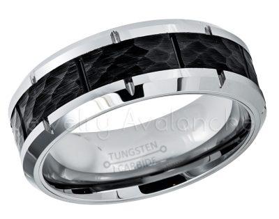 2-Tone Hammered Center Tungsten Wedding Band - 8mm Black IP Comfort Fit Tungsten Carbide Ring, Tungsten Anniversary Band TN594PL