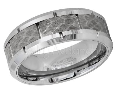 Hammered Center Tungsten Wedding Band - 8mm Beveled Edge Comfort Fit Tungsten Carbide Ring, Tungsten Anniversary Band TN595PL