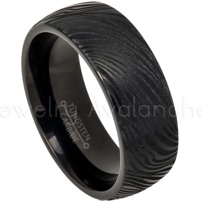 Dome Black Tungsten Wedding Band - 8mm Mokume Gane Effect Comfort Fit Tungsten Carbide Ring, Tungsten Anniversary Band TN603PL