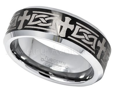 2-Tone Tungsten Wedding Band with Laser Engrave Cross & Celtic Design - 8mm Comfort Fit Tungsten Carbide Ring - Mens Anniversary Band TN607PL