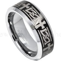 2-Tone Tungsten Wedding Band with Laser Engrave Cross & Celtic Design - 8mm Comfort Fit Tungsten Carbide Ring - Mens Anniversary Band TN607PL