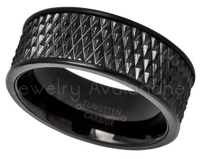 Black Pipe Cut Tungsten Wedding Band - 9mm Spike Texture Comfort Fit Tungsten Carbide Ring - Mens Anniversary Band TN608PL