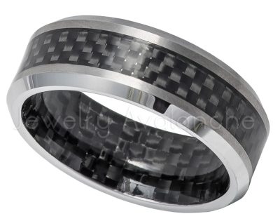 Tungsten Wedding Band with Black Carbon Fiber Inlay - 8mm Beveled Edge Comfort Fit Tungsten Carbide Ring - Mens Anniversary Band TN610PL