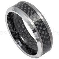 Tungsten Wedding Band with Black Carbon Fiber Inlay - 8mm Beveled Edge Comfort Fit Tungsten Carbide Ring - Mens Anniversary Band TN610PL