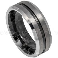2-Tone Tungsten Wedding Band with Black Carbon Fiber Inlay - 8mm Beveled Edge Comfort Fit Tungsten Carbide Ring - Mens Anniversary Band TN612PL