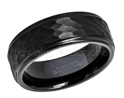 Hammered Tungsten Wedding Band - 8mm Black IP Comfort Fit Tungsten Carbide Ring - Mens Anniversary Band TN614PL