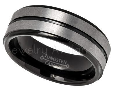 2-Tone Grooved Tungsten Wedding Band - 8mm Black IP Comfort Fit Tungsten Carbide Ring - Mens Anniversary Band TN618PL