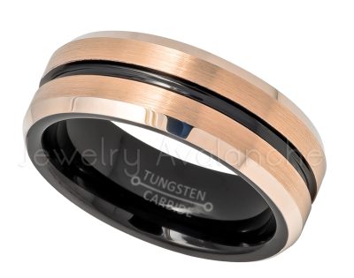 2-Tone Grooved Rose Gold Tungsten Wedding Band - 8mm Black IP Inner Comfort Fit Tungsten Carbide Ring - Mens Anniversary Band TN620PL