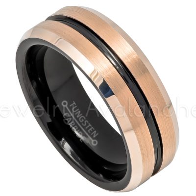 2-Tone Grooved Rose Gold Tungsten Wedding Band - 8mm Black IP Inner Comfort Fit Tungsten Carbide Ring - Mens Anniversary Band TN620PL