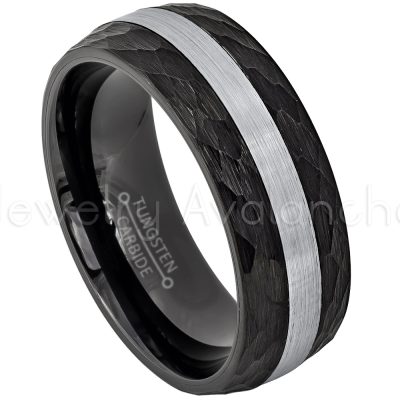 2-Tone Semi-Dome Hammered Tungsten Wedding Band - 8mm Black IP Comfort Fit Tungsten Carbide Ring - Mens Anniversary Band TN622PL