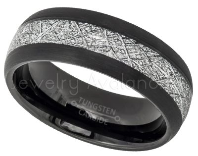 Dome Tungsten Wedding Band with Meteorite Inlay - 8mm 2-Tone Brushed Comfort Fit Tungsten Carbide Ring - Mens Anniversary Band TN624PL