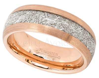 2-Tone Dome Tungsten Wedding Band with Meteorite Inlay - 8mm Brushed Rose Gold Plated Comfort Fit Tungsten Carbide Ring - Mens Anniversary Band TN625PL
