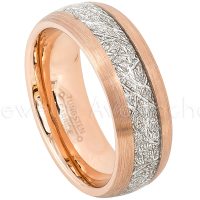 2-Tone Dome Tungsten Wedding Band with Meteorite Inlay - 8mm Brushed Rose Gold Plated Comfort Fit Tungsten Carbide Ring - Mens Anniversary Band TN625PL
