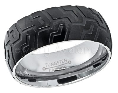9mm Tire Tread Tungsten Ring, 2-Tone Tungsten Wedding Band, Semi-Dome Black Tungsten Ring, Comfort Fit Men's Tungsten Anniversary Ring TN629